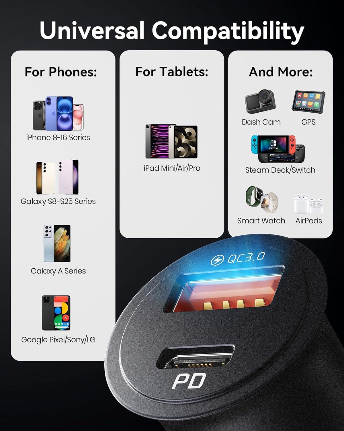 image:imageINIU Car Charger Cigarette Lighter USB Charger Total 60W 12V USB Socket with 1m 100W Type C Cable Fast Charge Car Phone Charge Adapter for iPhone 17 16 Samsung Laptops Switch 2 Car AccessoriesBlack