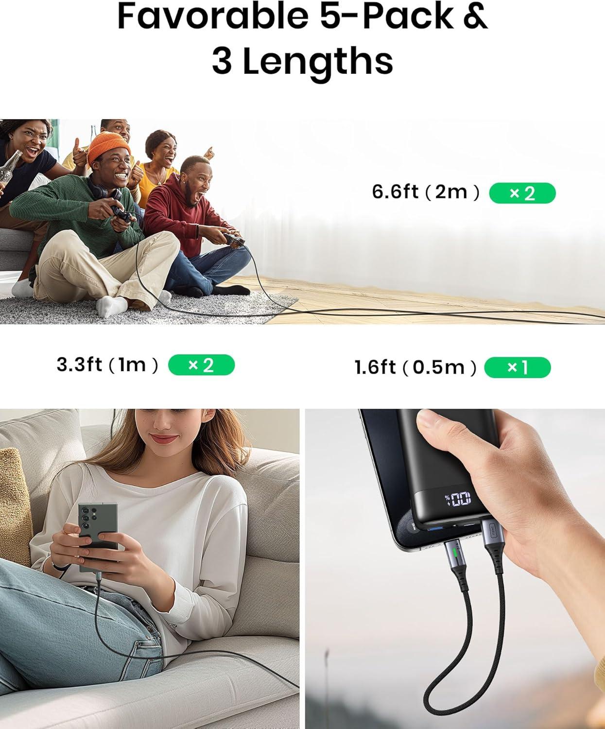 image:imageINIU USB to C Cable Fast Charging 5 Packs 16FT33FT266FT2 31A Type C Cords Nylon USBC Phone Charger Cables for iPhone 16 Samsung S21 Google Kid Airplane Business Car5 Packs