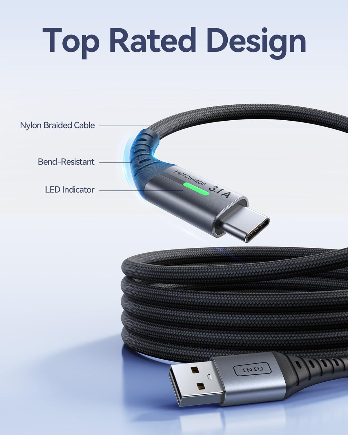 image:imageINIU USB to C Cable Fast Charging 5 Packs 16FT33FT266FT2 31A Type C Cords Nylon USBC Phone Charger Cables for iPhone 16 Samsung S21 Google Kid Airplane Business Car3 Packs