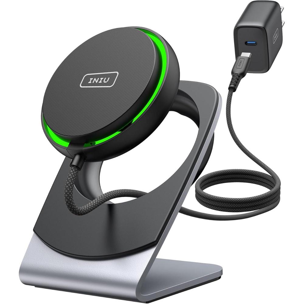 image:imageINIU Wireless Charger 15W Fast Charging Magnetic Wireless Charger Stand Travel Essential Wireless Charging Station with SleepFriendly Adaptive Light for iPhone 1615141312 Series AirpodsBlack