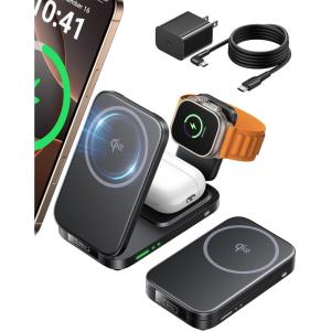 INIU 3 in 1 Wireless Charging Station, Qi2 Certified 15W Travel Charger for Apple Multiple Devices, Foldable Magnetic Wireless Charger Stand for iPhone 17 16 15 14 13 12 Series Apple Watch AirPods(Black)