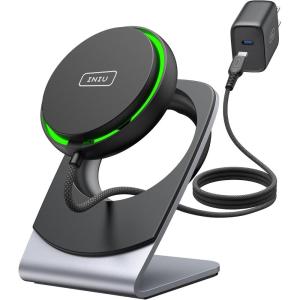 INIU Wireless Charger, 15W Fast Charging Magnetic Wireless Charger Stand, Travel Essential Wireless Charging Station with Sleep-Friendly Adaptive Light, for iPhone 16/15/14/13/12 Series, Airpods(Black)