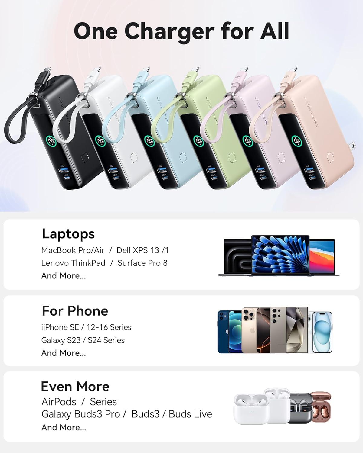 image:imageINIU 3in1 Portable Charger 10000mAh 30W Fast Charging Power Bank Builtin USB C Cable and Foldable AC Plug Travel Essentials Battery Pack for iPhone 17 16 15 Samsung S25 S24 MacBook and MoreBlack