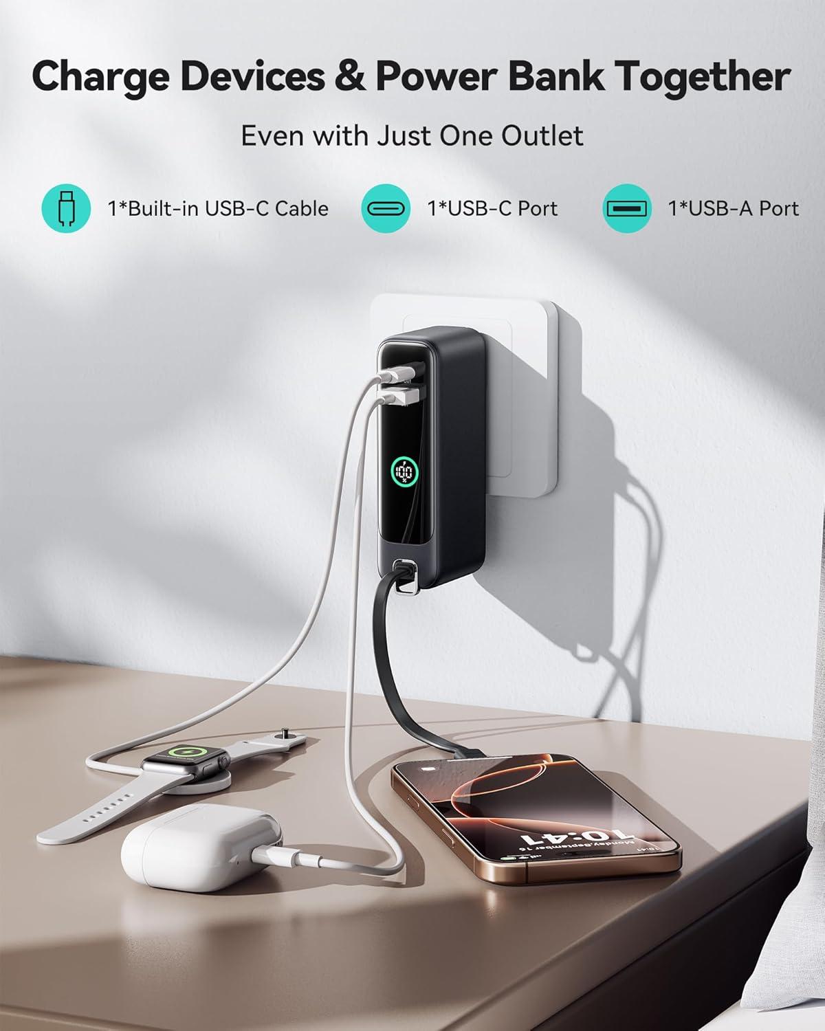 image:imageINIU 3in1 Portable Charger 10000mAh 30W Fast Charging Power Bank Builtin USB C Cable and Foldable AC Plug Travel Essentials Battery Pack for iPhone 17 16 15 Samsung S25 S24 MacBook and MoreBlue