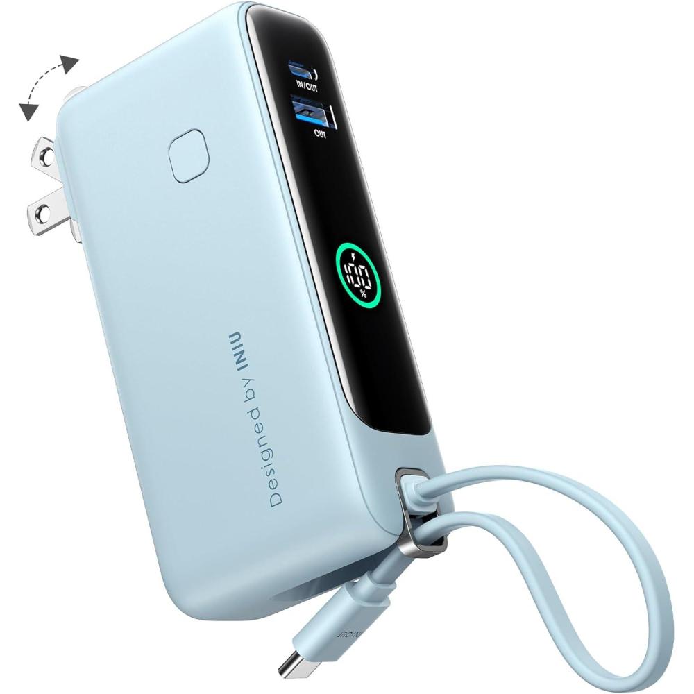 image:imageINIU 3in1 Portable Charger 10000mAh 30W Fast Charging Power Bank Builtin USB C Cable and Foldable AC Plug Travel Essentials Battery Pack for iPhone 17 16 15 Samsung S25 S24 MacBook and MoreBlue