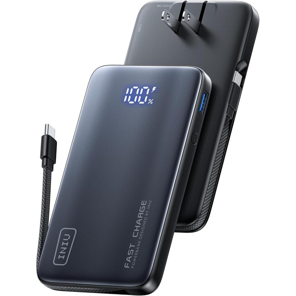 image:imageINIU Portable Charger for iPhone with Wall Plug 45W 10000mAh Fast Charging Power Bank with Builtin USB C Cable Travel Essentials Battery Pack for iPhone 17 16 15 Series Samsung MacBook etc