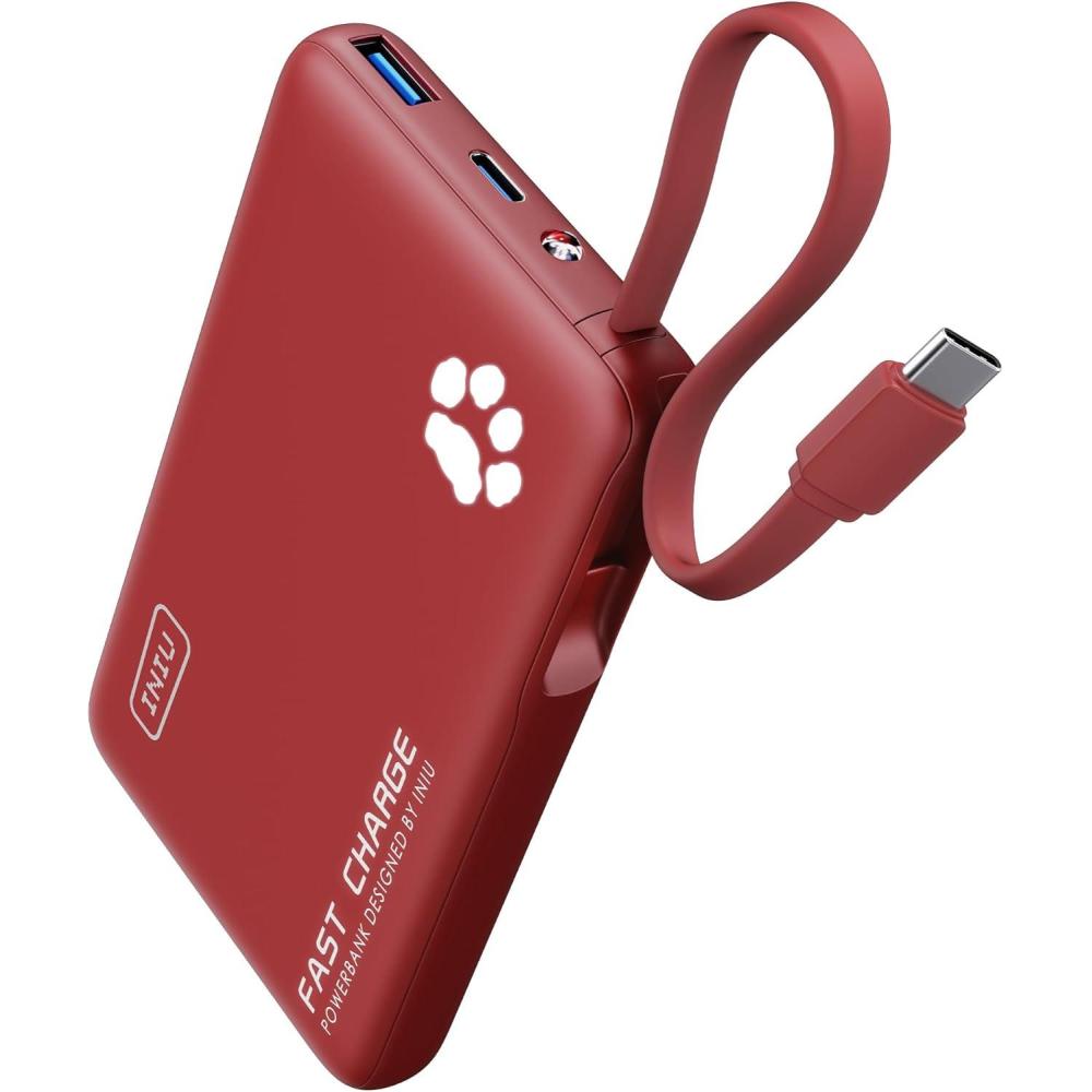 image:imageINIU 45W Power Bank Fast Charging Portable Charger with Builtin USB C Cable 10000mAh Small Type C Powerbank Battery Pack for iPhone 17 16 15 14 iPad Samsung S25 S24 etc Travel Camping EssentialsRed