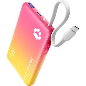 INIU 45W Power Bank, Fast Charging Portable Charger with Built-in USB C Cable, 10000mAh Small Type C Powerbank, Battery Pack for iPhone 17 16 15 14, iPad, Samsung S25 S24 etc Travel Camping Essentials(Pink)