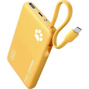 INIU 45W Power Bank, Fast Charging Portable Charger with Built-in USB C Cable, 10000mAh Small Type C Powerbank, Battery Pack for iPhone 17 16 15 14, iPad, Samsung S25 S24 etc Travel Camping Essentials(Yellow)
