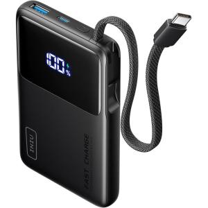 INIU 45W Power Bank, Slimmest 10000mAh Portable Charger with Built in USB-C Cable, Fast Charging USB C in&Out Battery Pack, Travel External Phone Charger for iPhone 17 16 15 Samsung S24 S23 Google etc(Black)