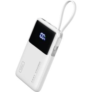 INIU 45W Power Bank, Slimmest 10000mAh Portable Charger with Built in USB-C Cable, Fast Charging USB C in&Out Battery Pack, Travel External Phone Charger for iPhone 17 16 15 Samsung S24 S23 Google etc(White)