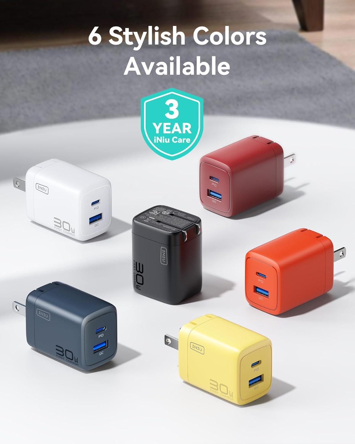 image:imageINIU USB C Charger Block 30W PD QC Fast Charging USBC USBA iPad Charger with Foldable Plug GaN Tech Type C Power Adapter for iPhone 17 16 iPad 11 Air Samsung S25 Business Emergency White