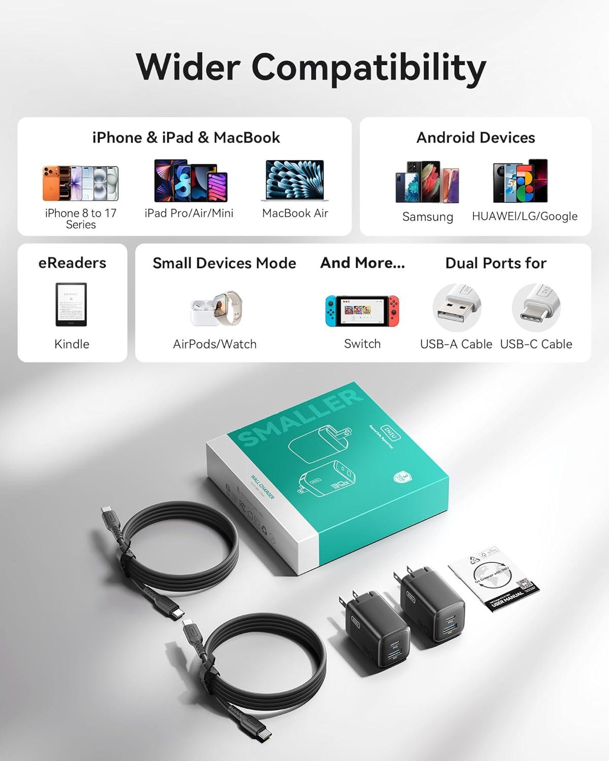 image:imageINIU USB C Charger Block 30W PD QC Fast Charging USBC USBA iPad Charger with Foldable Plug GaN Tech Type C Power Adapter for iPhone 17 16 iPad 11 Air Samsung S25 Business Emergency White