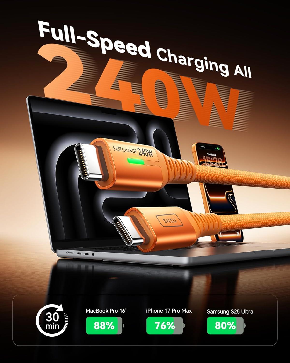 image:imageINIU USB C to USB C Cable 240W Fast Charging Type C Charger Cord Braided USBC Phone Charger Cable for iPhone 17 16 Pro Max Samsung S25 S24 Laptops MacBook Air 15 M3 iPad Switch 1ft1ft BlackBlue