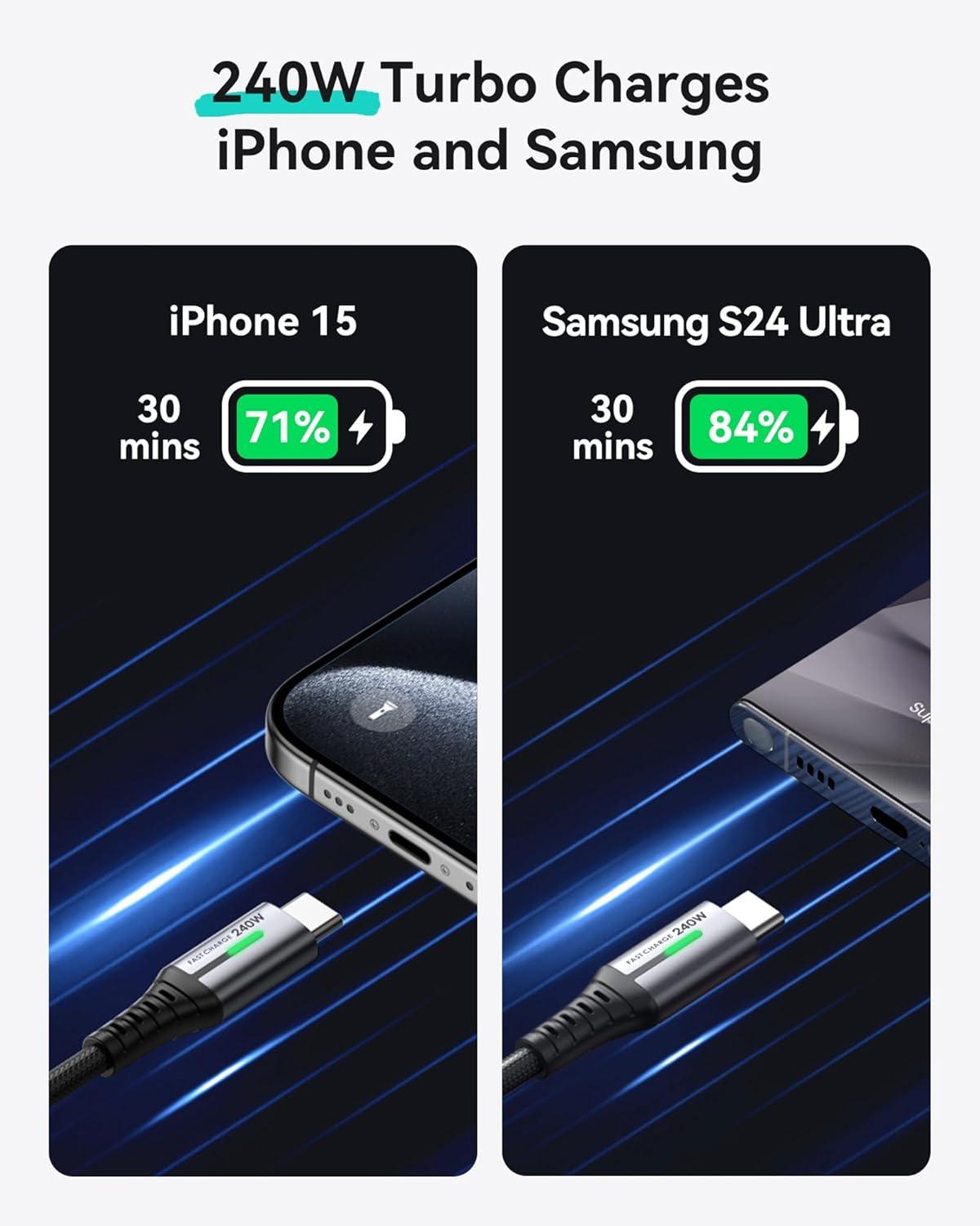 image:imageINIU USB C to USB C Cable 240W Fast Charging Type C Charger Cord Braided USBC Phone Charger Cable for iPhone 17 16 Pro Max Samsung S25 S24 Laptops MacBook Air 15 M3 iPad Switch 1ft1ft BlackBlack