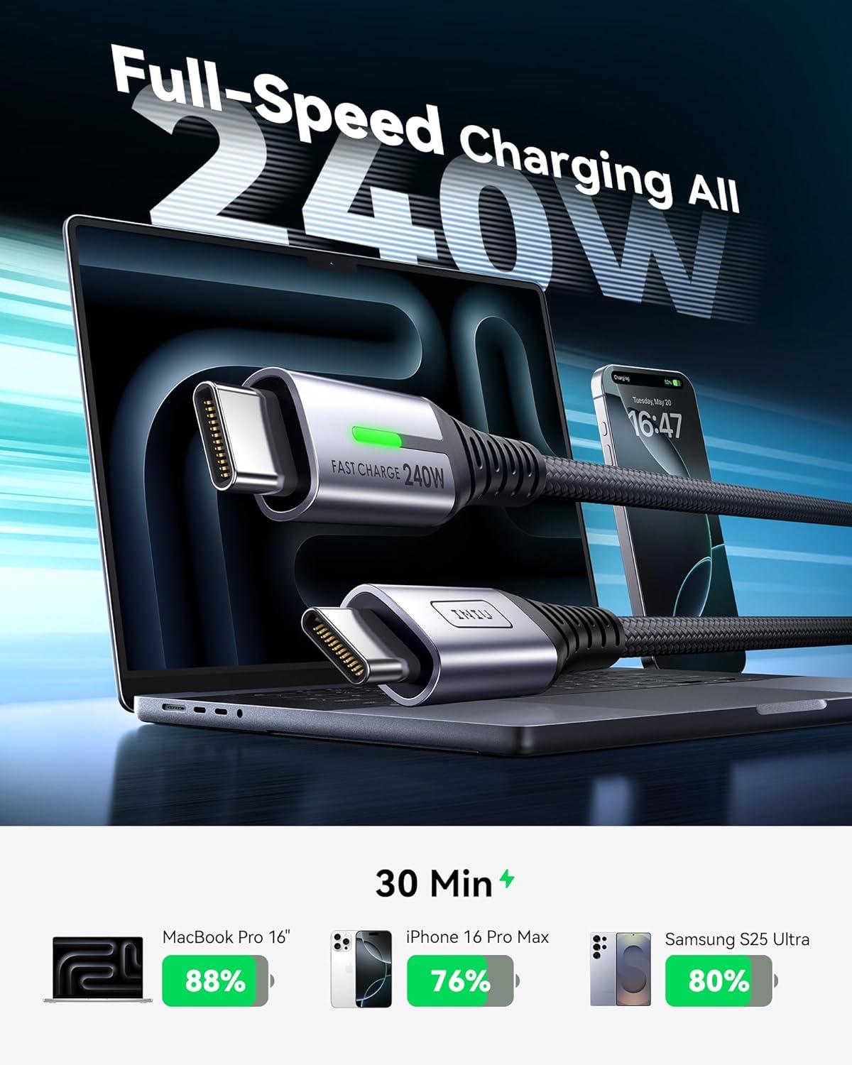 image:imageINIU USB C to USB C Cable 240W Fast Charging Type C Charger Cord Braided USBC Phone Charger Cable for iPhone 17 16 Pro Max Samsung S25 S24 Laptops MacBook Air 15 M3 iPad Switch 1ft1ft BlackBlack