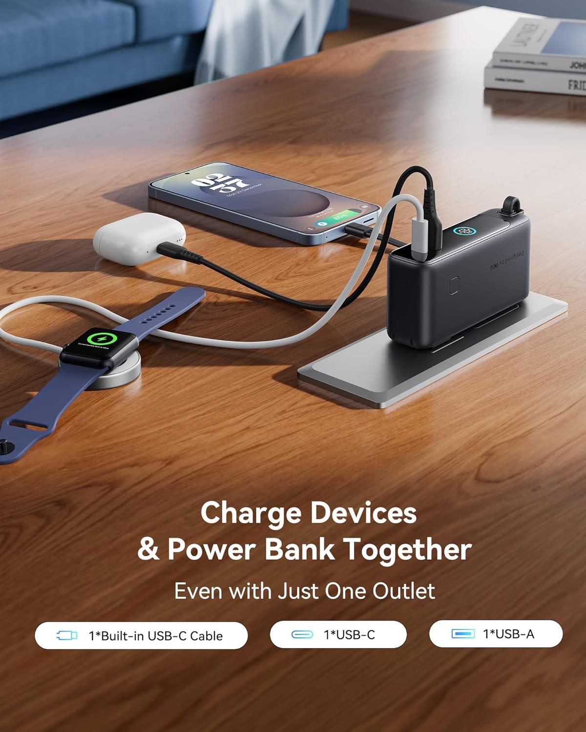 image:imageINIU Portable Charger 10000mAh 30W Fast Charging Power Bank Builtin USB C Cable and Foldable AC Plug Travel Essentials Battery Pack for iPhone 16 15 Samsung S25 S24 MacBookBlack