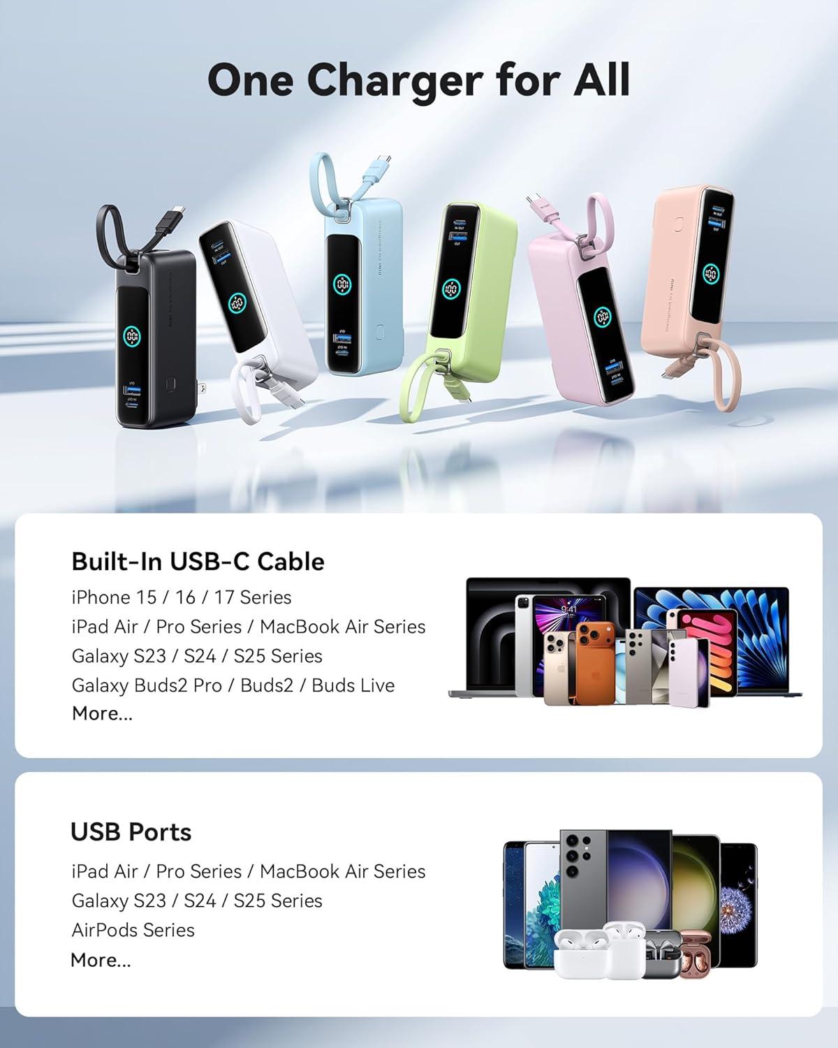 image:imageINIU Portable Charger 10000mAh 30W Fast Charging Power Bank Builtin USB C Cable and Foldable AC Plug Travel Essentials Battery Pack for iPhone 16 15 Samsung S25 S24 MacBookBlack