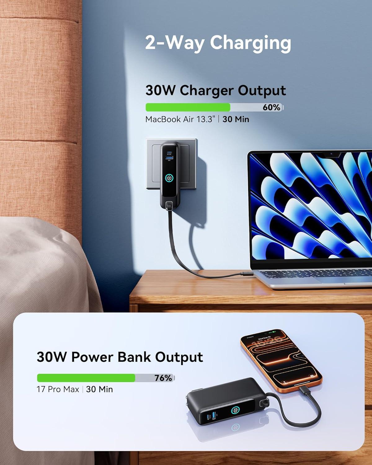 image:imageINIU Portable Charger 10000mAh 30W Fast Charging Power Bank Builtin USB C Cable and Foldable AC Plug Travel Essentials Battery Pack for iPhone 16 15 Samsung S25 S24 MacBookBlack