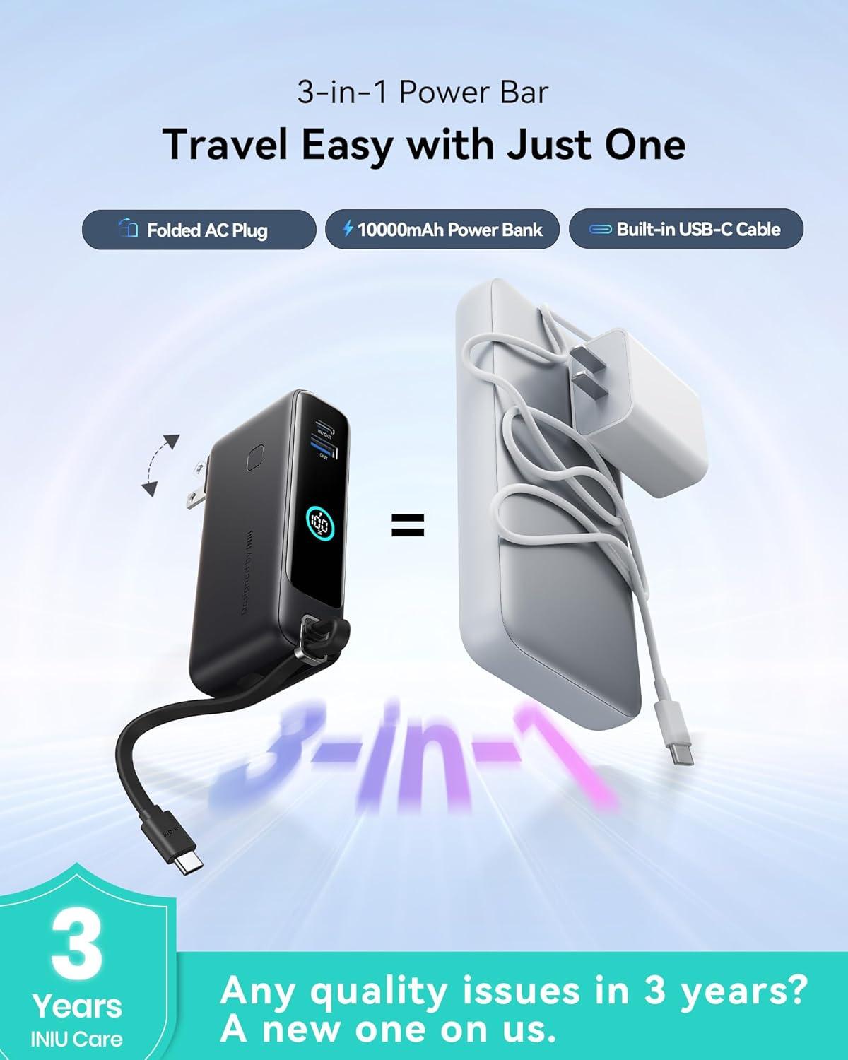 image:imageINIU Portable Charger 10000mAh 30W Fast Charging Power Bank Builtin USB C Cable and Foldable AC Plug Travel Essentials Battery Pack for iPhone 16 15 Samsung S25 S24 MacBookBlack
