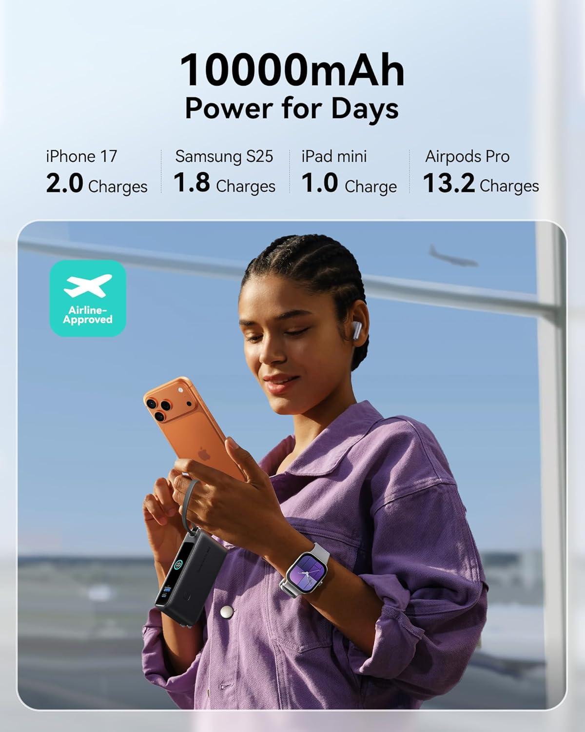 image:imageINIU Portable Charger 10000mAh 30W Fast Charging Power Bank Builtin USB C Cable and Foldable AC Plug Travel Essentials Battery Pack for iPhone 16 15 Samsung S25 S24 MacBookBlack