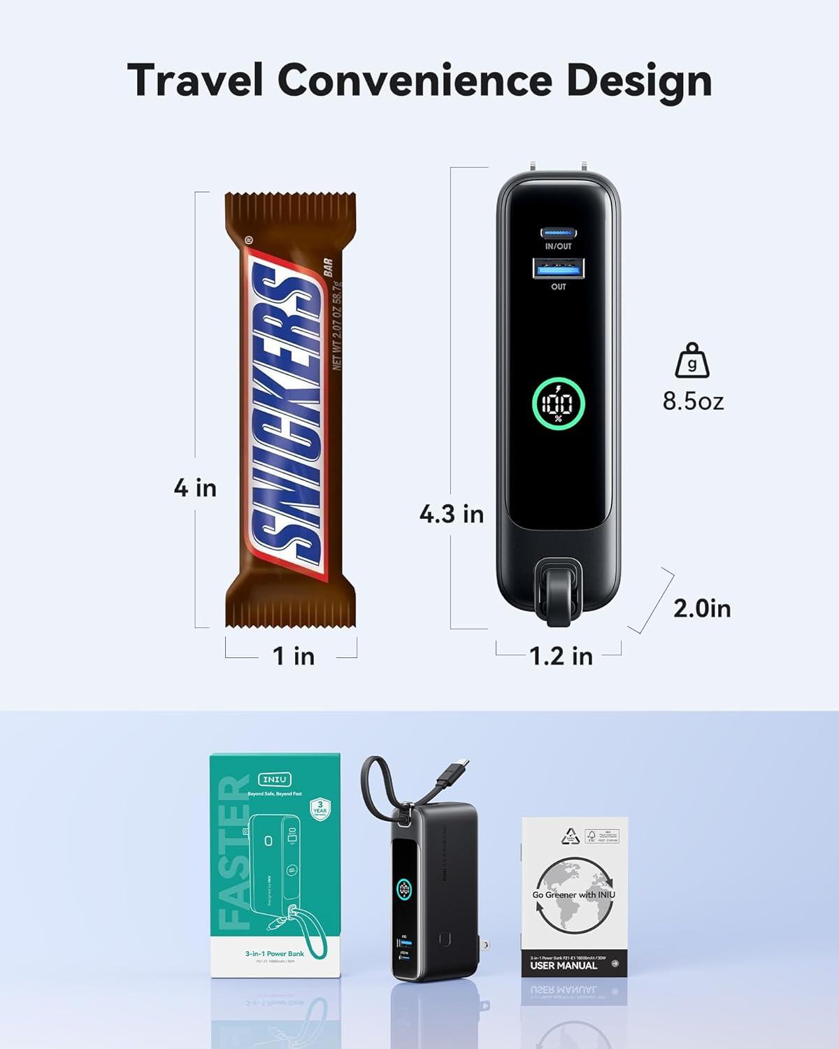 image:imageINIU Portable Charger 10000mAh 30W Fast Charging Power Bank Builtin USB C Cable and Foldable AC Plug Travel Essentials Battery Pack for iPhone 16 15 Samsung S25 S24 MacBookBlack