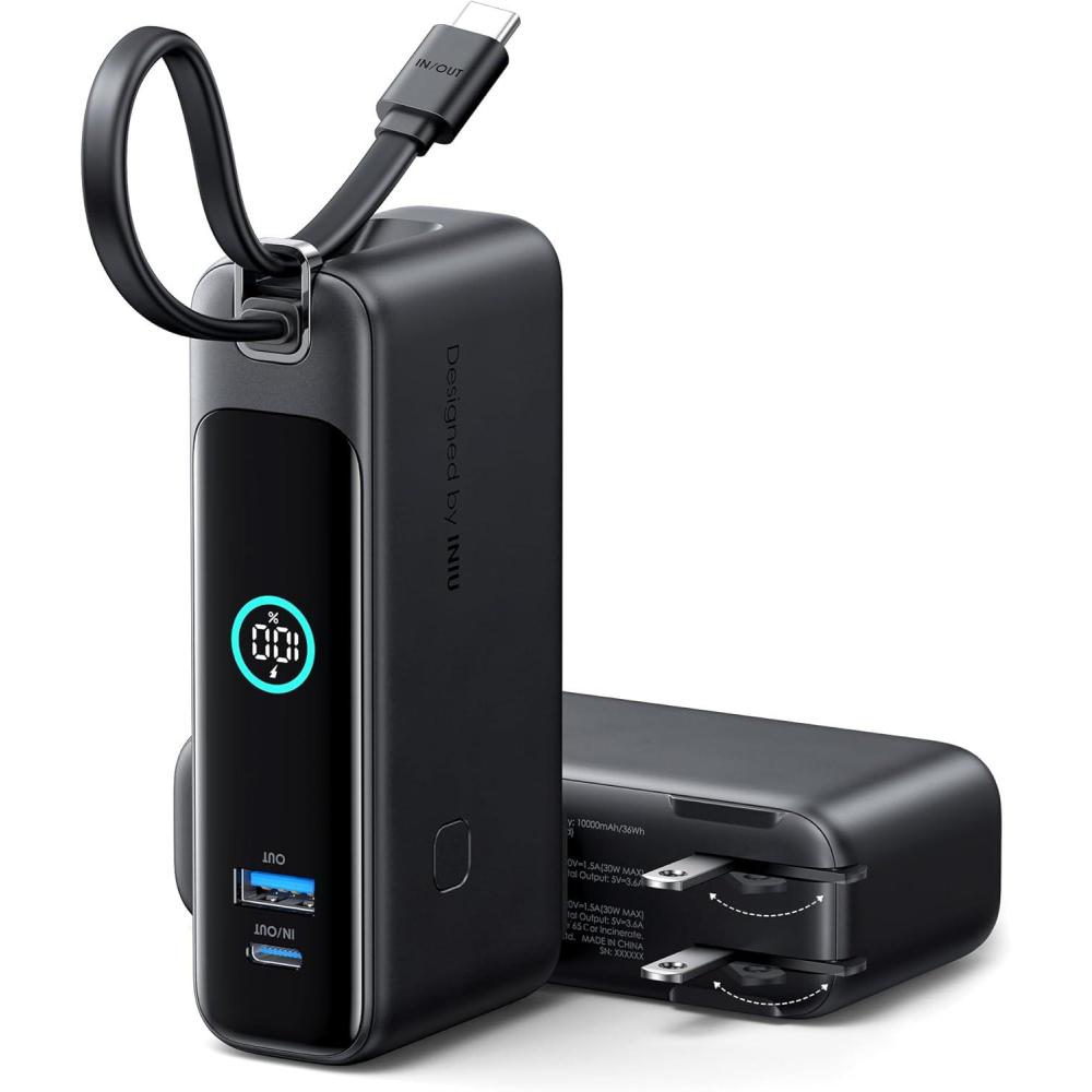 image:imageINIU Portable Charger 10000mAh 30W Fast Charging Power Bank Builtin USB C Cable and Foldable AC Plug Travel Essentials Battery Pack for iPhone 16 15 Samsung S25 S24 MacBookBlack