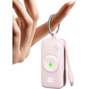 INIU 3-in-1 Portable Charger, 5000mAh Power Bank with Watch Charger & Built-in Cable, Compact 20W Fast Charging Battery Pack, Key Chain & Travel Essential for iPhone 16 15, Apple Watch, AirPods, etc(Pink)