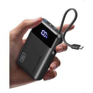INIU 45W Portable Charger, Smallest 20000mAh Power Bank with Build in USB-C Cable, Fast Charging USB C in&Out Battery Pack, Travel Phone Charger for iPhone 17 16 15 Air Samsung S25 S24 Google, Green(Black)