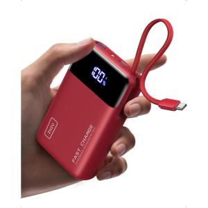 INIU 45W Portable Charger, Smallest 20000mAh Power Bank with Build in USB-C Cable, Fast Charging USB C in&Out Battery Pack, Travel Phone Charger for iPhone 17 16 15 Air Samsung S25 S24 Google, Green(Red)