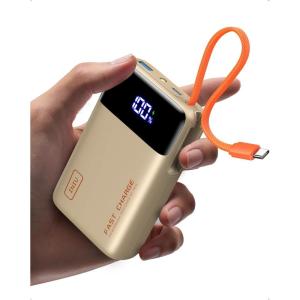 INIU 45W Portable Charger, Smallest 20000mAh Power Bank with Build in USB-C Cable, Fast Charging USB C in&Out Battery Pack, Travel Phone Charger for iPhone 17 16 15 Air Samsung S25 S24 Google, Green(Beige)